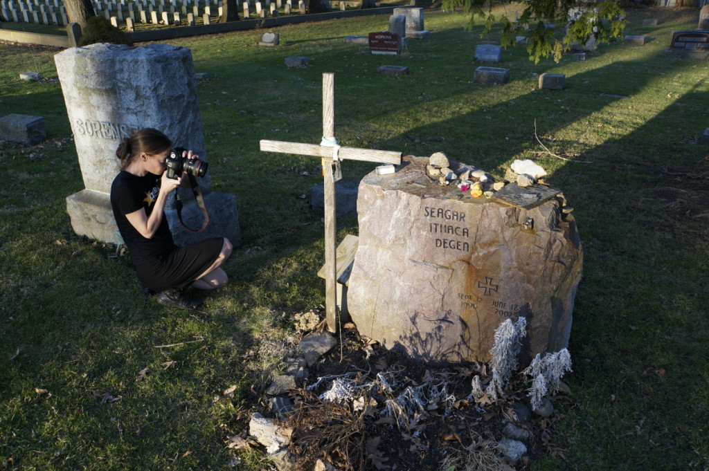 Helen J. Bullard Photographing Grave. Photo by William Cronon.
