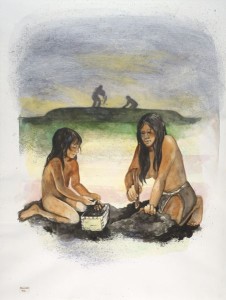 A watercolor of Late Woodland people building an effigy mound. Wisconsin Historical Society Image 33815.