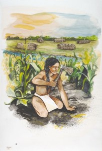 This drawing depicts how life may have looked in the Oneota period (900 - 1650 C.E.). Wisconsin Historical Society Image 33806. Agricultural practices, such as the growing of corn, became more important. The Oneota lived more sedentary lifestyles than the Late Woodland people, and built more permanent dwellings. 