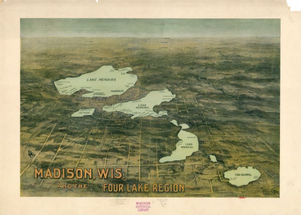 This 1909 map shows Madison, the four large lakes that gave the region its name. It also shows several smaller lakes, including Lake Wingra, the small lake at the left. 