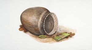 A watercolor of a piece of pottery and a pan pipe created by Late Woodland mound builders of Wisconsin. Wisconsin Historical Society Image 33805. Small personal effects, such as this pipe, have been found in burial mounds, but extravagant offerings were rare.