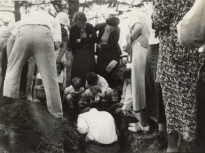 Members of the Wisconsin Outing Club watch the excavation of a burial mound at the Outlet group in 1935. Wisconsin Historical Society Image 38954. Many mounds were lost to amateur excavation, which was a popular weekend activity before laws like the Native American Graves Protection and Repatriation Act  were established to protect mounds. 